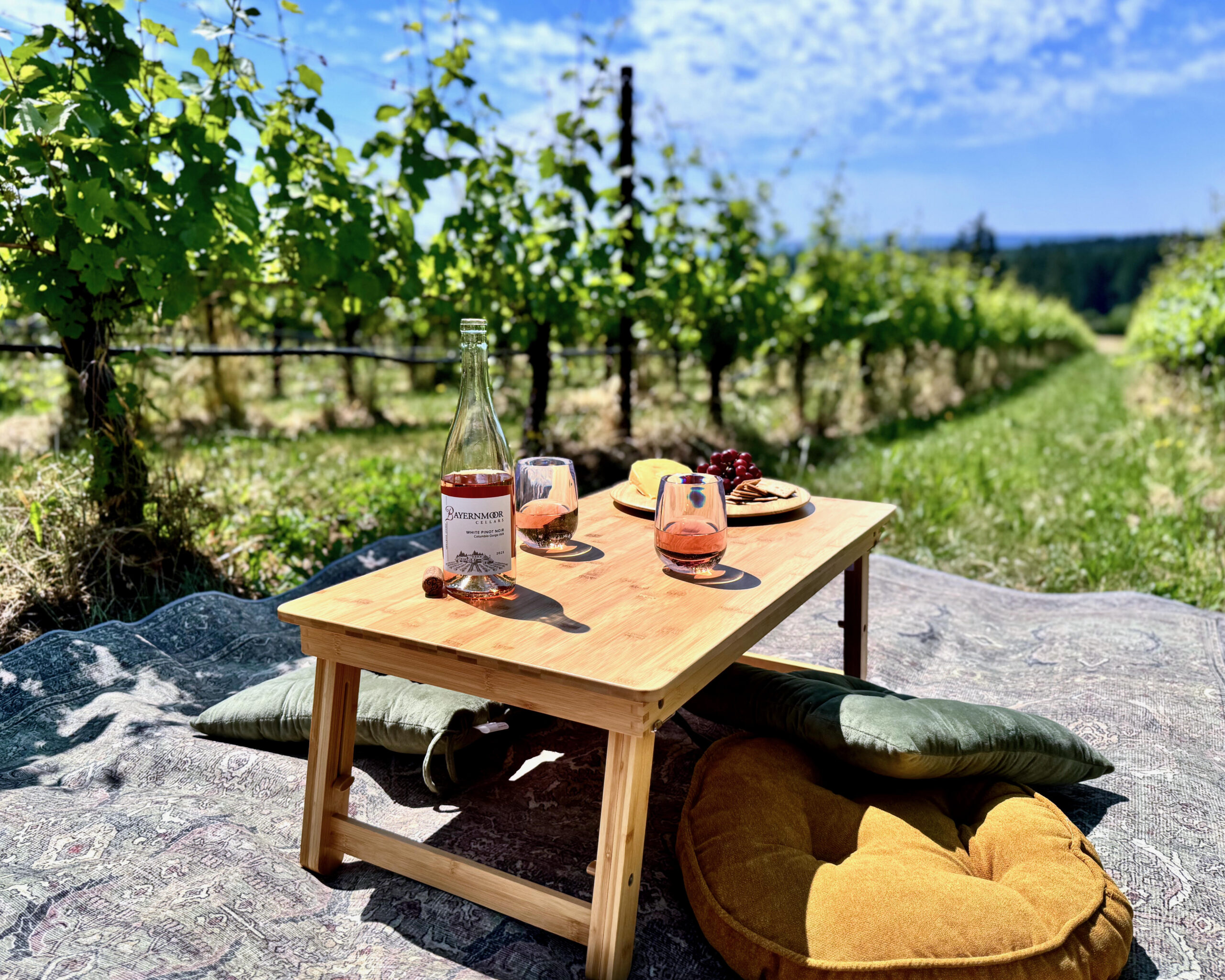 A private picnic set up among the vines at Bayernmoor Cellars — a low bamboo table with a bottle of White Pinot Noir, two glasses of rose, and a cheese plate.