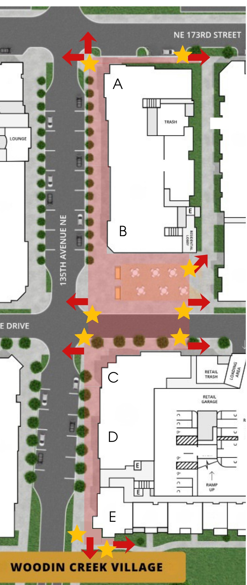 Map of the Woodin Creek Village shared service area in Woodinville, Washington. Gold stars mark public entrances, red arrows mark exits, and the pink shading is the shared service area. Businesses are labelled A through E.